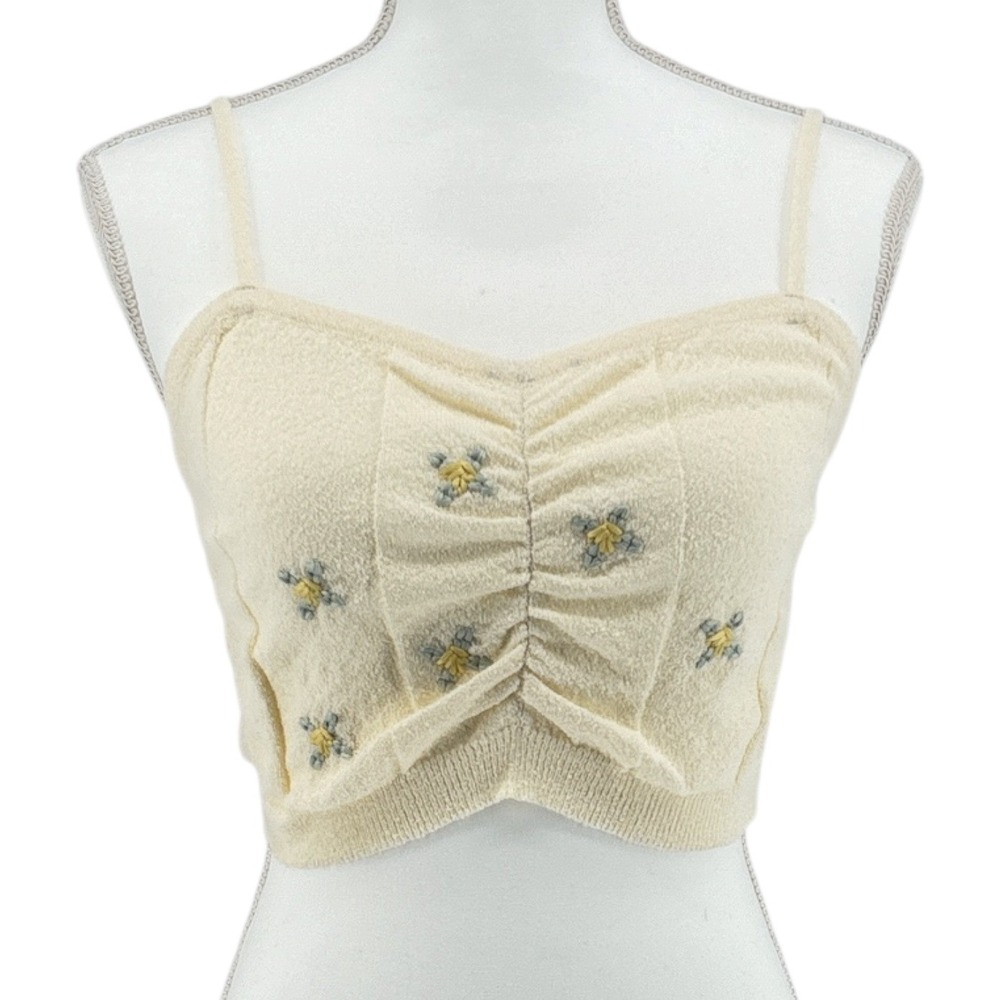 Promesa Cream Boucle Knit Floral Embroidered Ruched Crop Cami Tank Large NWT